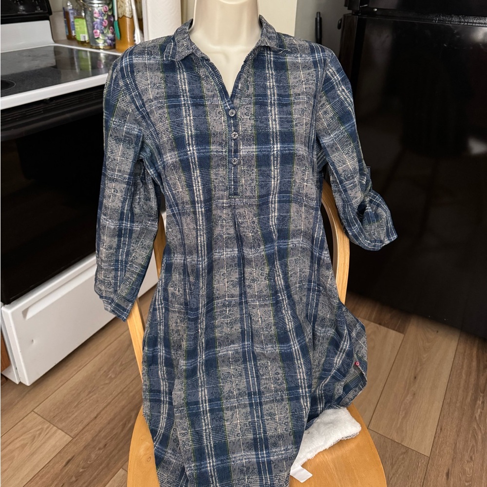 BIBA NWOT 38 (8) blue plaid hi/low 100% durable cotton tunic shift dress